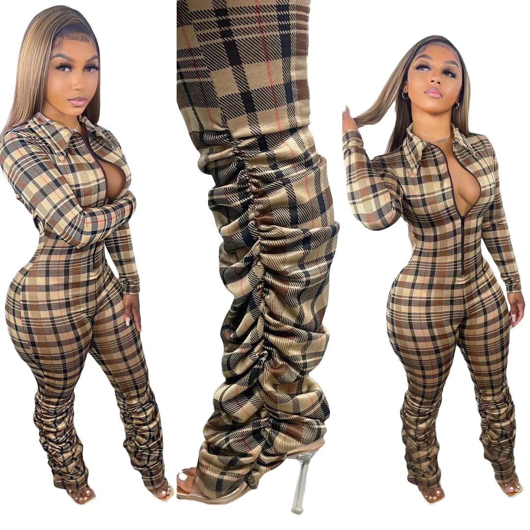 

Newest Design Plaid Print Long Sleeve Zipper One Piece Office Jumpsuit Women Elegant Casual Jumpsuit Rompers Women Jumpsuit