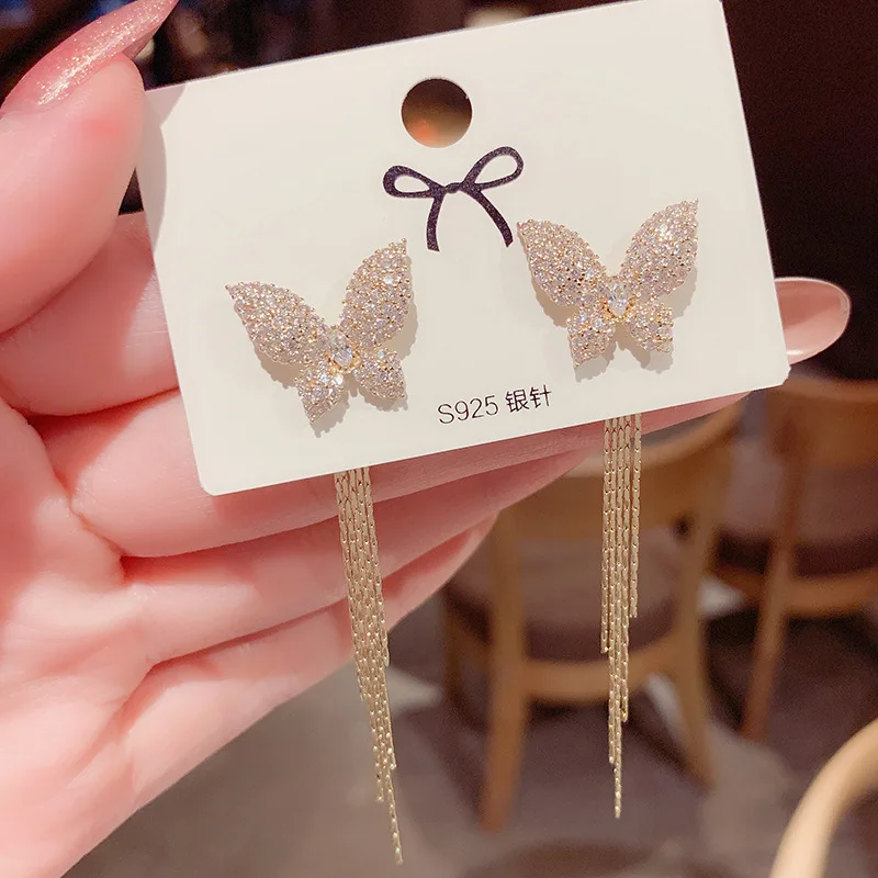 

2021 Trendy S925 Sterling Silver Long Tassel Butterfly Earrings Iced Out Micro Pave Cubic Zirconia CZ Butterfly Drop Earrings