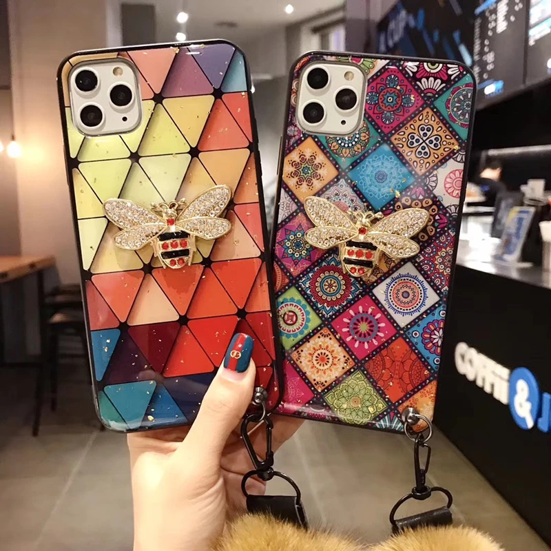 

Luxury 3D Diamond Bee Hairball lanyard silicone case for iphone X XR XS 11 Pro Max 6s 7 8 plus for samsung S9 S10 Note cover