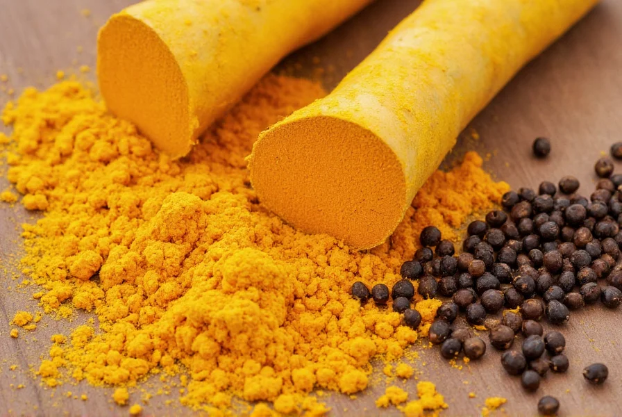 Close-up of fresh turmeric root with golden powder and black pepper