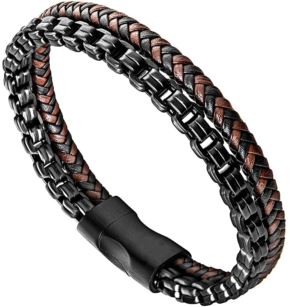 

Hot Sale Multi layers Hand Woven Leather Band Stainless Steel Chain Bracelets for Men Party Gift, Brown