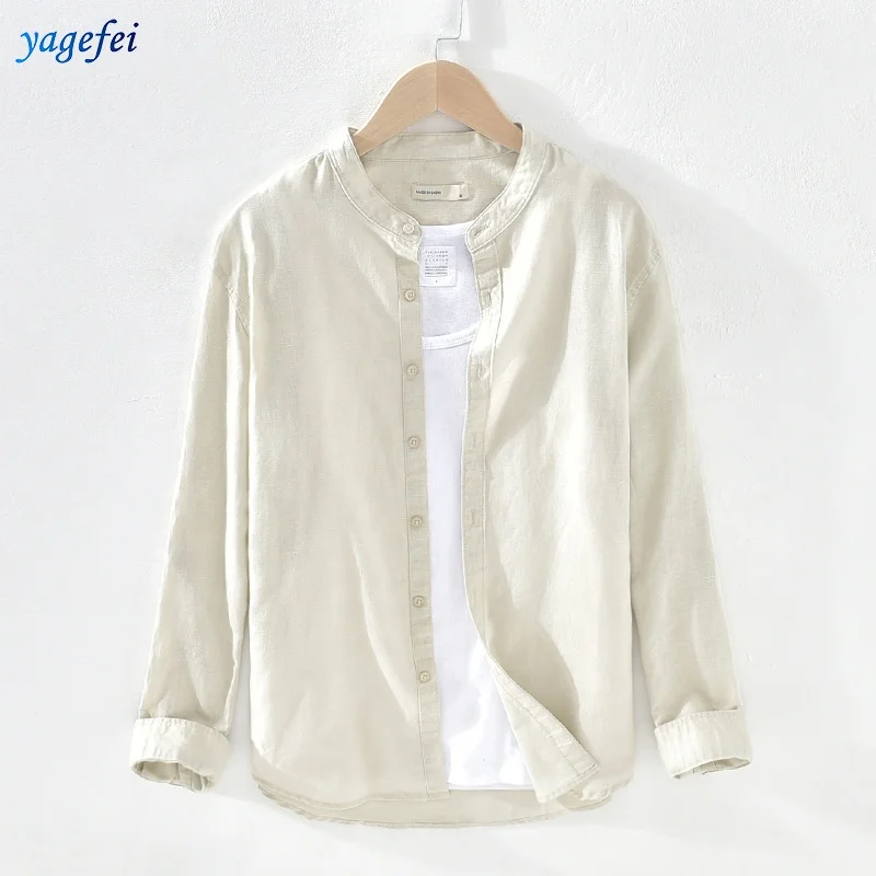 

Factory wholesale men high quality linen cotton stand collar casual shirt long sleeve, Colors