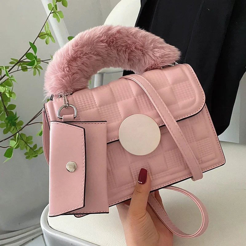 

Fashion Trends Fur Handle PU Leather Handbag 2 Pieces Set Ladies Hand Bags And Purses For Women, Black,white,gray,brown,green,yellow,pink,red