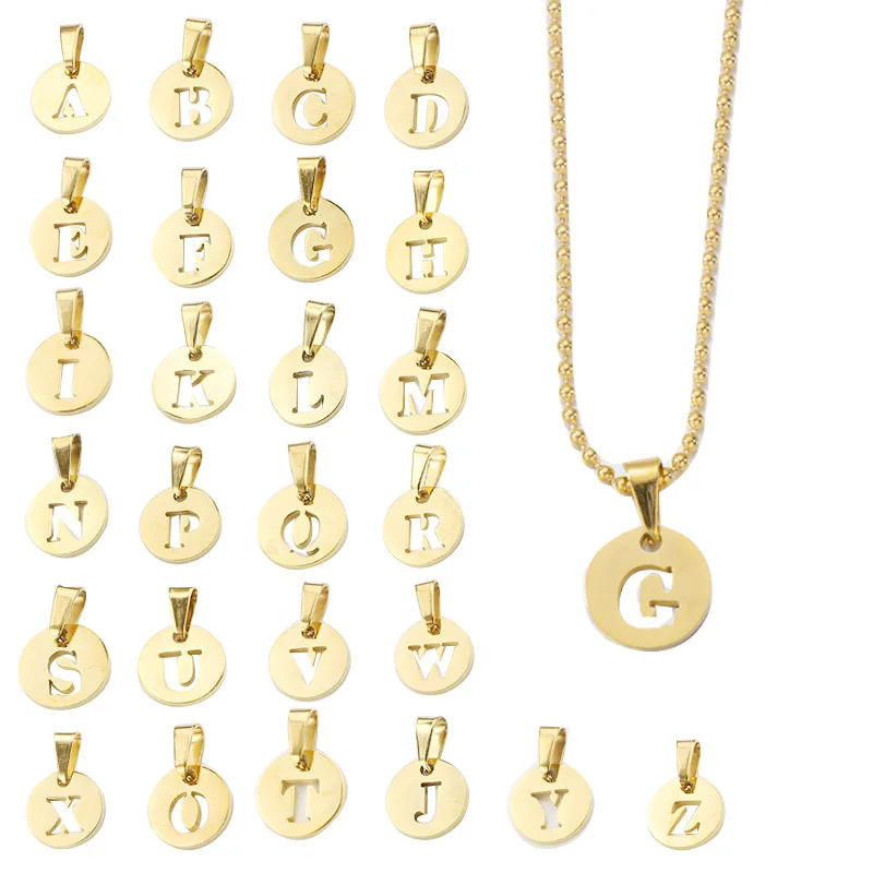 

High Polished Fashion Gold Plated Stainless Steel Hollow Alphabet Initial 26 Letter Round Pendant Ball Chain Jewelry Necklace