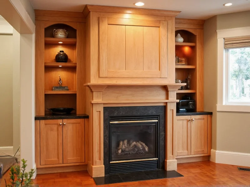 Interior of Craftsman home showing built-in wood cabinetry and fireplace