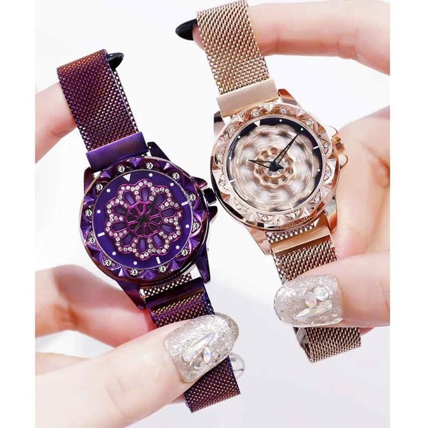 

Hot Sale Mesh Belt Rotate Dial Novel Popular Women Watches Magnet Buckle Fashion Casual Female Wrist Watch New, As show