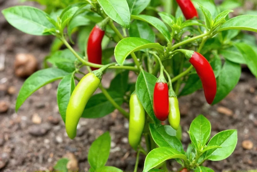 Healthy Fresno chili pepper plant with multiple green and red peppers growing in garden soil