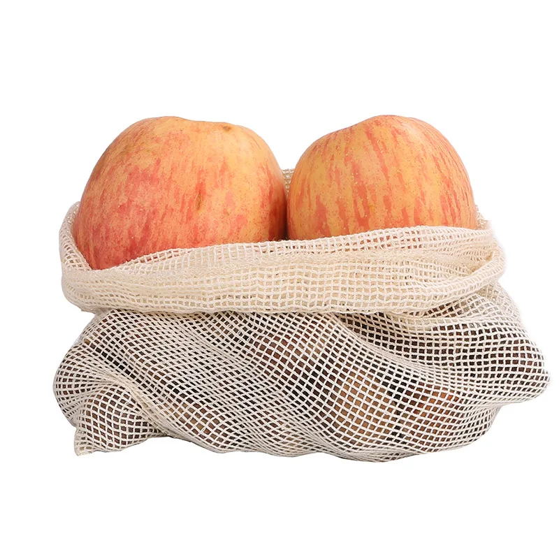 

reusable cotton mesh produce bags with colorful tare weight lightweight washable mesh drawtsring grocery bag, Natural color