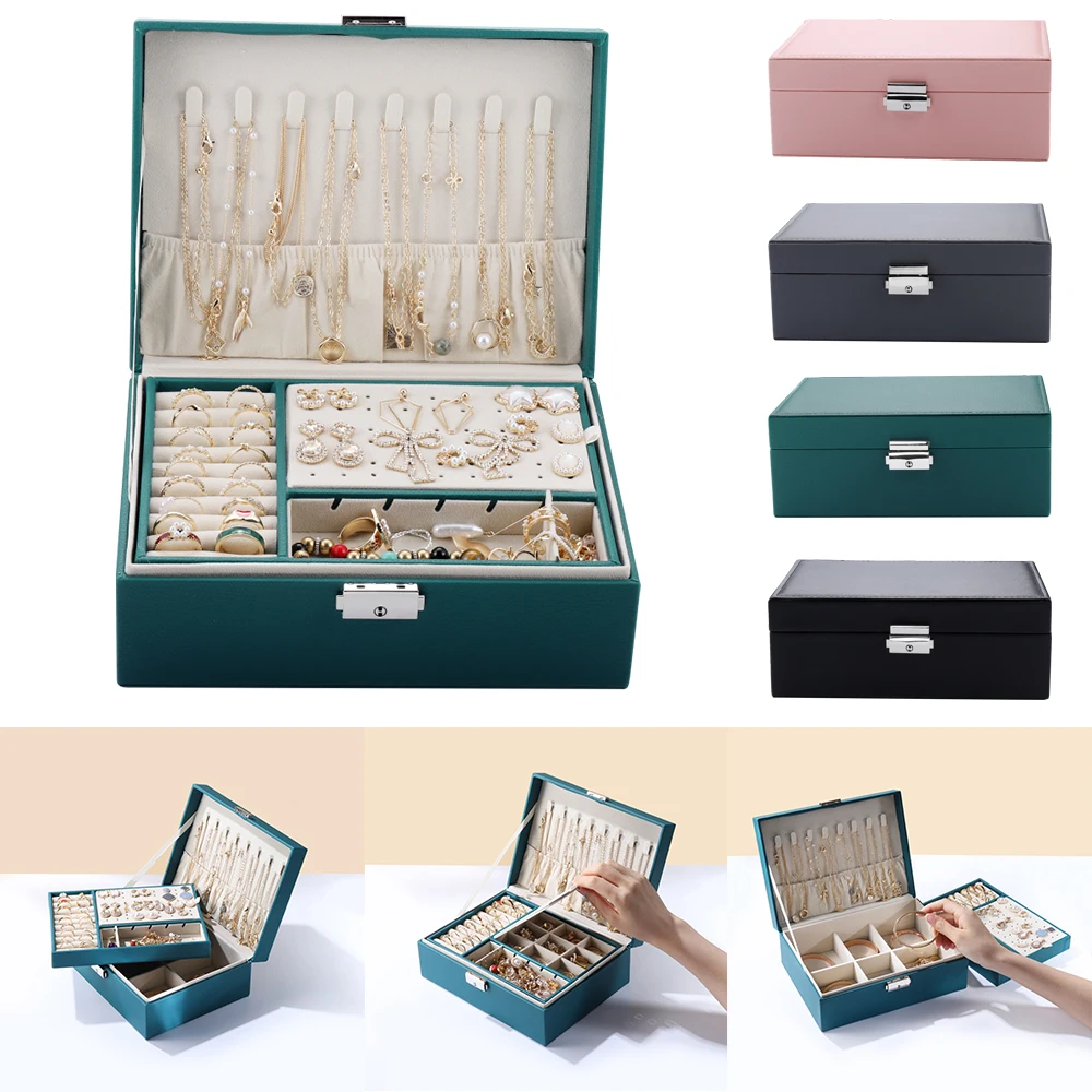

Two-Layer Leather Jewelry Box Organizer Display Storage Case with Lock Multifunction Necklace Earring Storage Box Women Gifts, As picture