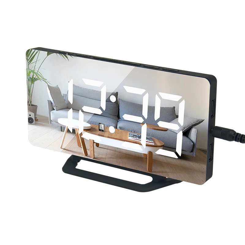 

EMAF electronic dual USB charging port clock brightness adjustable digital mirror table alarm snooze mirror clock
