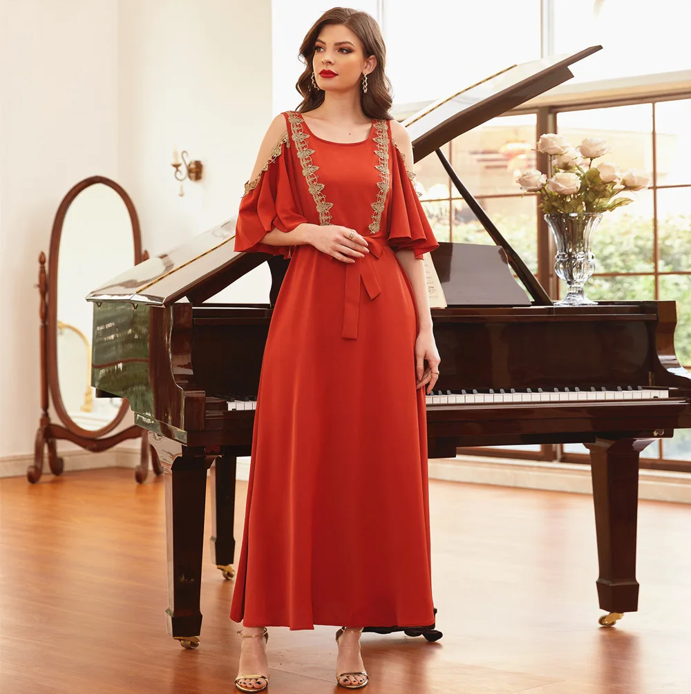 

Luxury hand-stitched strapless Middle Eastern evening dress long dress for ladies elegant pure color Muslim long dress, Picture