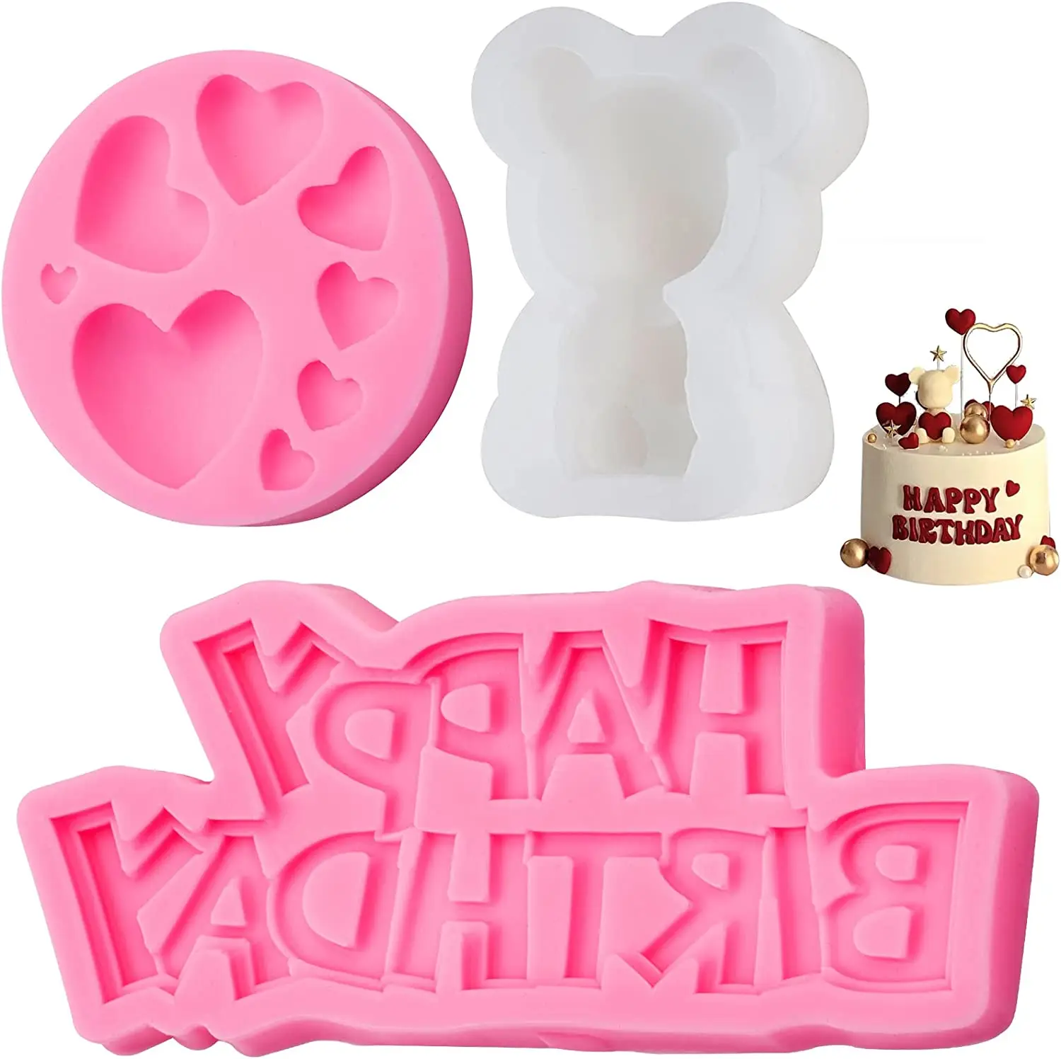 

3D Silicone Bear Chocolate Mold Heart Mold for Chocolate and Happy Birthday Letters Fondant Molds