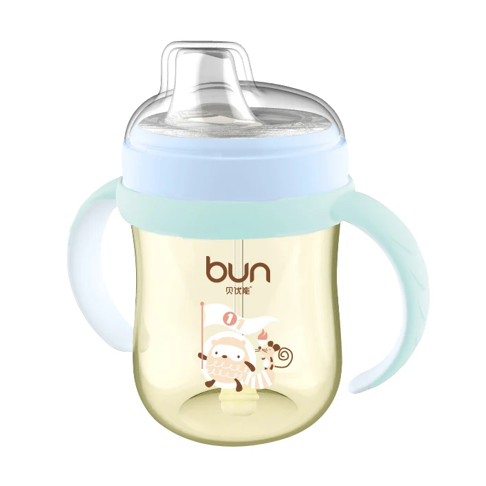 

BUN Food grade plastic PPSU sippy learner cup with handle with straw water drinking baby bottle BPA free, Blue, pink, green