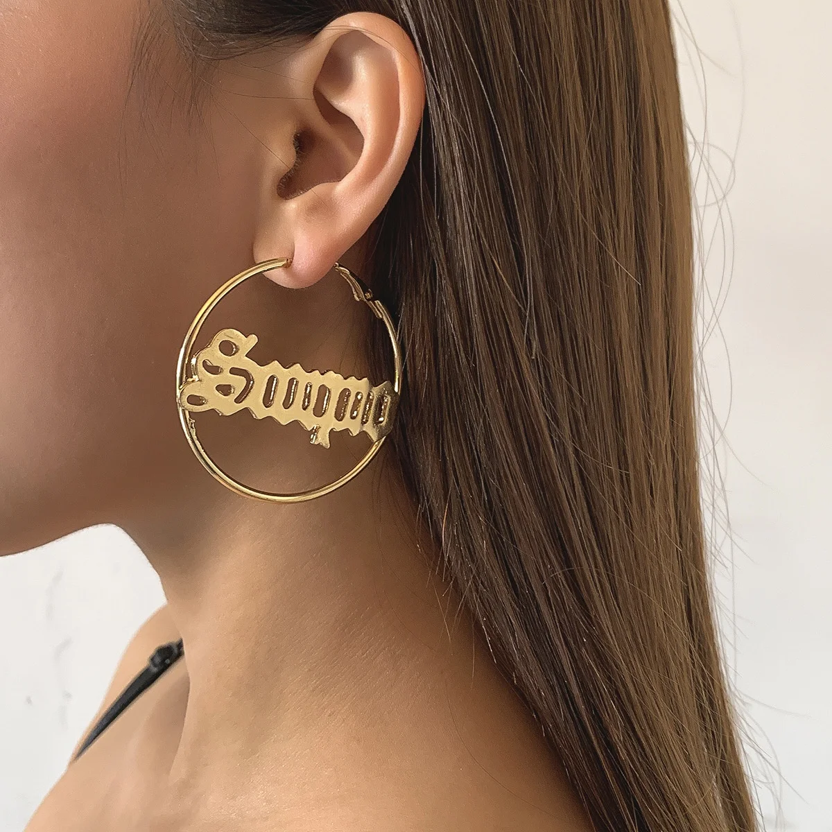 

Women's Geometric retro lettering exaggerated large circle earrings, Gold/silver