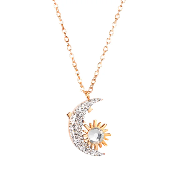

2021 New Latest Fashionable Micro Pave Cubic Zircon Diamond Moon Sun Pendant Women Stainless Steel Necklace