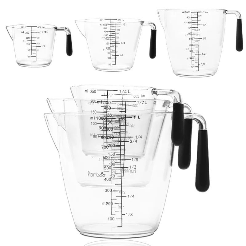

Cake Tools 3Pcs Transparent Plastic Measuring Jug Measuring Cup Set with Black Rubber Soft Handle 3 Size for Baking Measurement, Black or customized