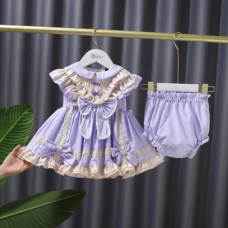 

CYB21209 wholesale boutiques summer kids dress baby spanish dresses for girls dress set bow vintage retro ruffles