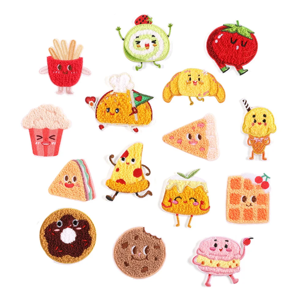 new arrival kawaii food theme bread pizza chips cookies self-adhesive chenille patches for clothes bag hat