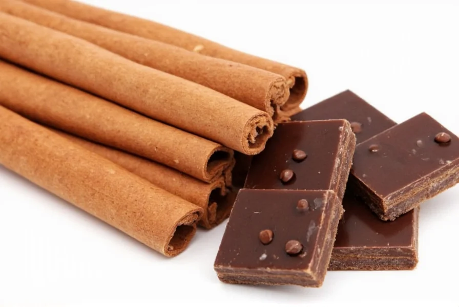Close-up of cinnamon sticks and dark chocolate pieces arranged artfully on wooden surface showing texture contrast