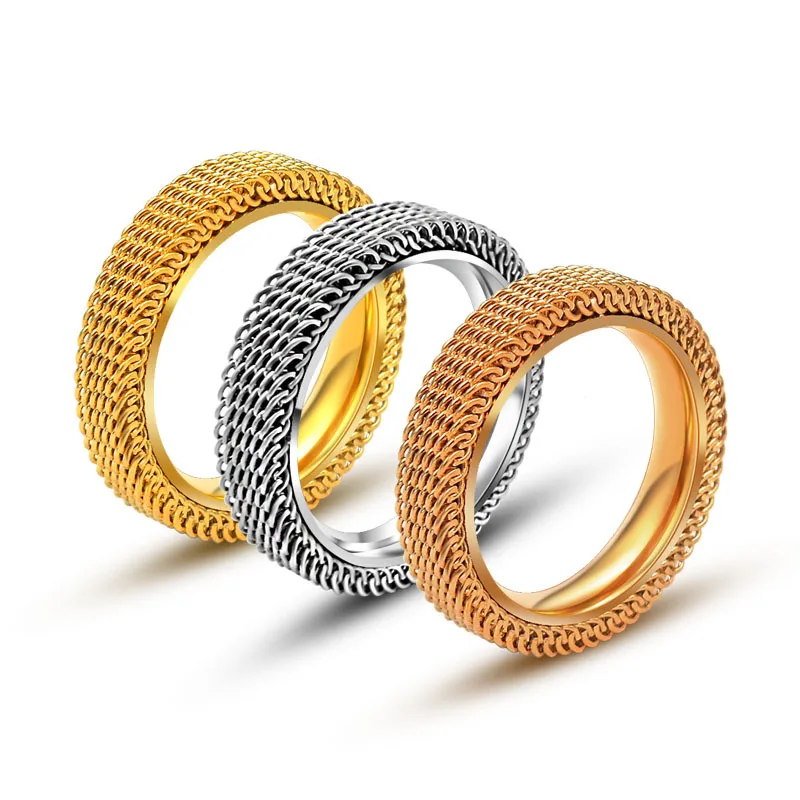 

Titanium jewelry men's and women's three-color classic double-layer mesh ring