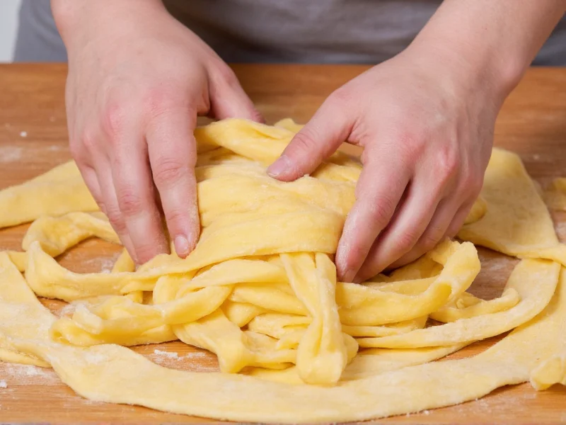 Hands kneading pasta dough on wooden surface