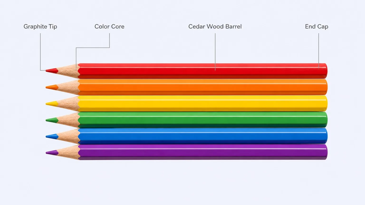 Pencil anatomy &mdash; Graphite Tip, Color Core, Cedar Barrel, End Cap