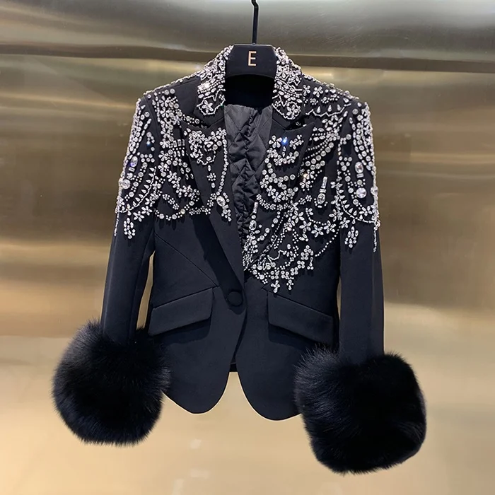 

Luxury diamond outwear handmade elegant jacket slim fit fashion crystal decorated fall coat black blazers ladies women, As photo or customized