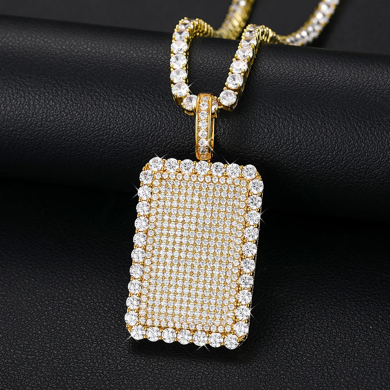 

925 Sterling Silver Fine Jewelry Iced Out Square Charm Pendant 14K Gold Plated VVS Moissanite Diamond Hip Hop Pendant Necklace