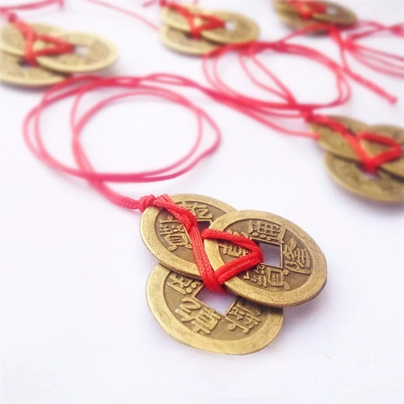 Worldwide Free Shipping Chinese Feng Shui Coins Meaningful Fortune Coins With Red Strings For Wealth And Good Luck