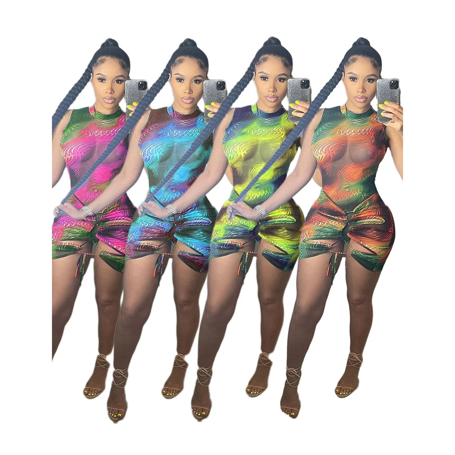 

Foma Clothing A8331 hot sale summer 2021 hollow out rainbow printed sexy fashion sleeveless one piece jumpsuit for women, 4 colors