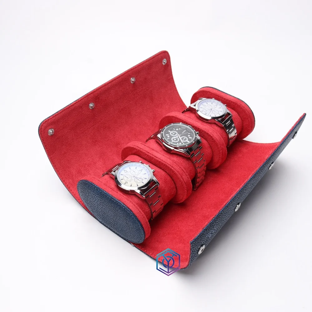 

Wholesale 3 Slots Round PU Black watch box Leather Portable Travel Watch Case Box