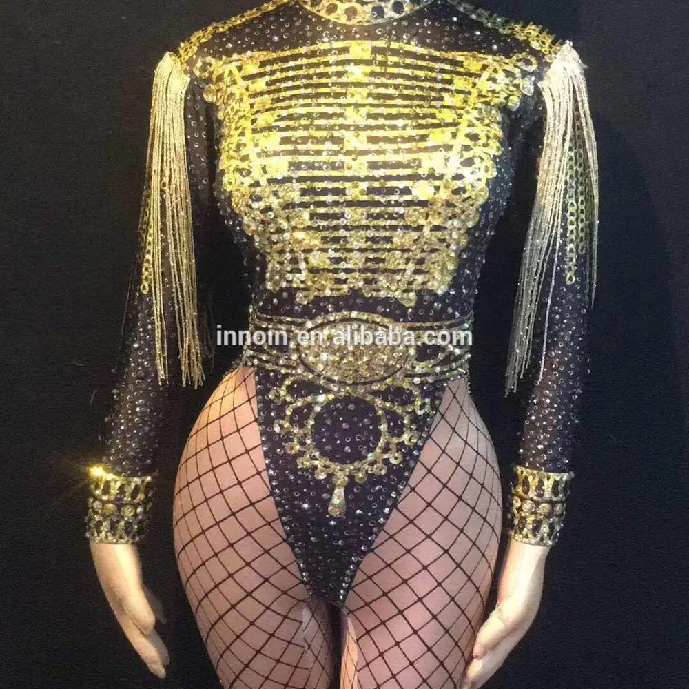 

Singer Perform Printing Bodysuit Gold Rhinestone Jumpsuit Stage Dance Costume Bar Model Wears Dress Outfit Cloth Party Dj