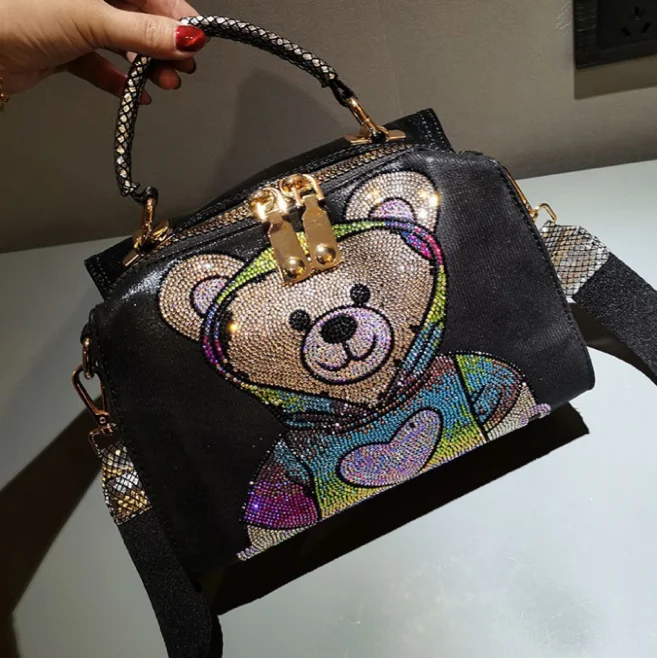 

TLB-8D420 Sparkly bear messenger bag colorful diamond cartoon bear backpack school bag multifunction