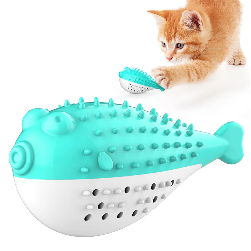 

Low Price Amazon Hot Interactive Wholesale Fish Shape Puffer Cat Toothbrush Toy for Kitten Teeth Cleaning, Picture showed