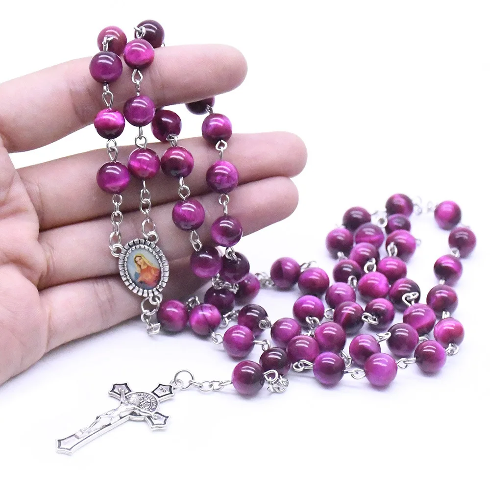

Jerusalem Catholic Rosary Prayer Necklace Purple Tiger Eyes Beads Religious Amber Rosary Necklace and Bulk Rosaries, Antique silver