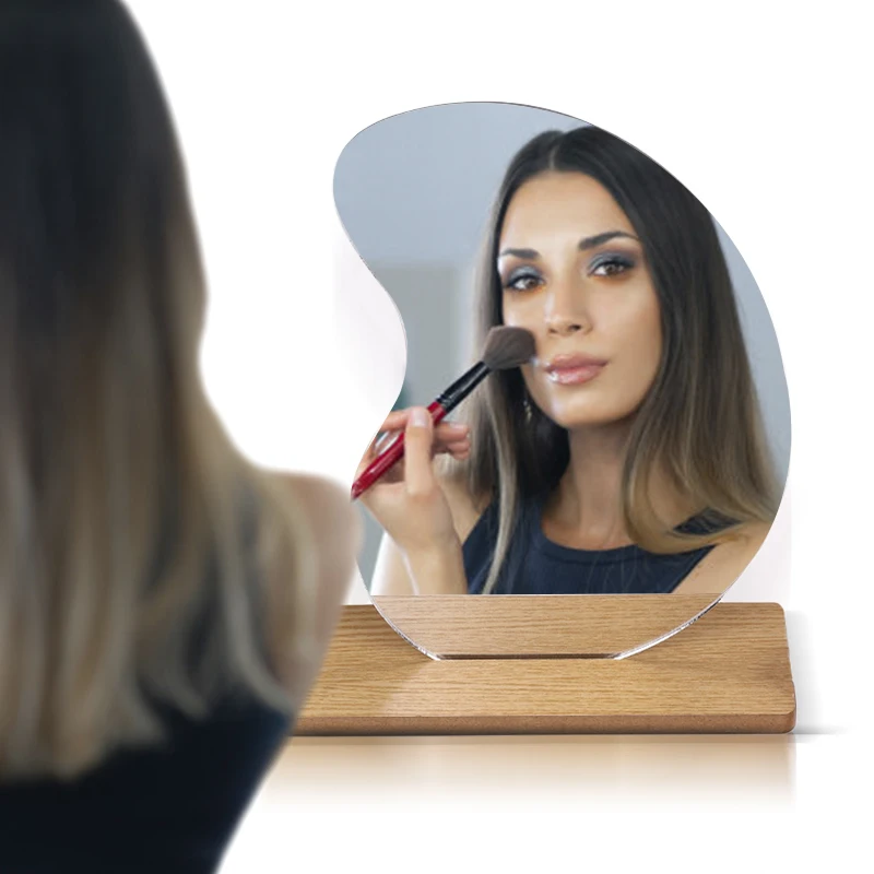 

korean style hot sell irregular decorative makeup vanity mirror with wood base