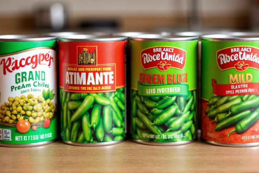 Close-up of different canned green chili pepper brands arranged on kitchen counter showing mild and hot varieties