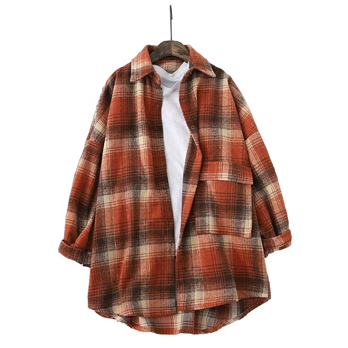 

Wholesale Latest Loose Shirt Long Sleeve Women Plaid Shirt with Pockets