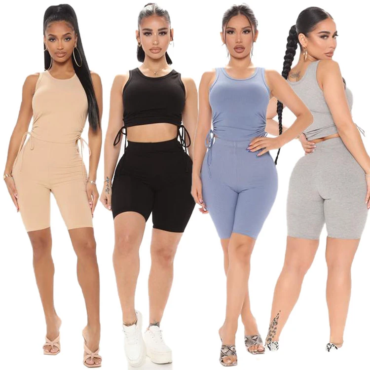 

Wholesale Ladies Workout Tracksuits Ribbed Tank Top Shorts Summer Women Casual 2 Piece Outfits, Picture shown