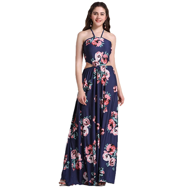 

LE-19101490 Minimalist Blue Halter Pleated Maxi Dresses Women Long Backless Print Dress Plus Size Dress