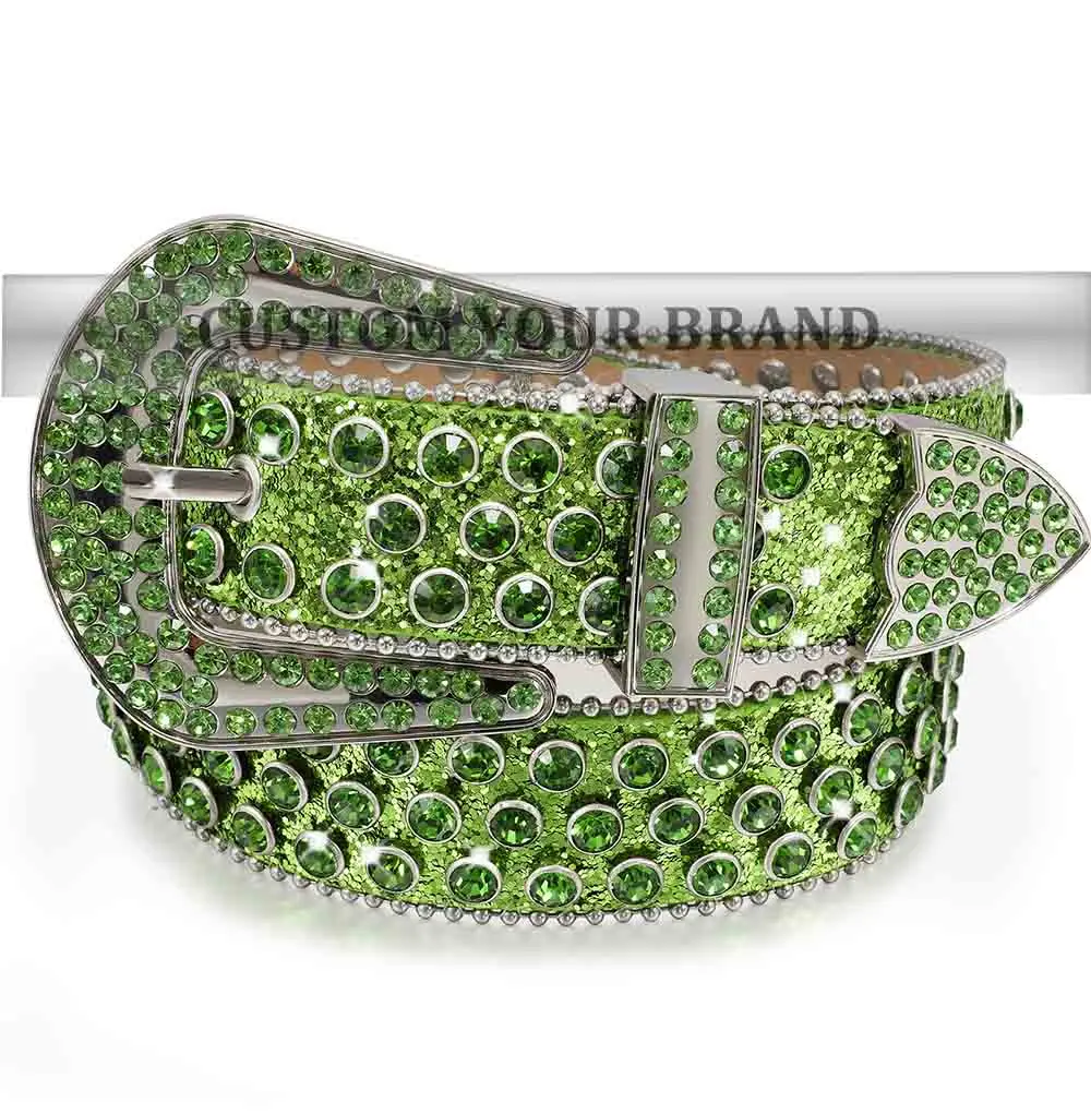 

Unique Design Bling Green Unisex Studded Crystal Diamond Pin Buckle Leather Rhinestone Belt With Custom Logo