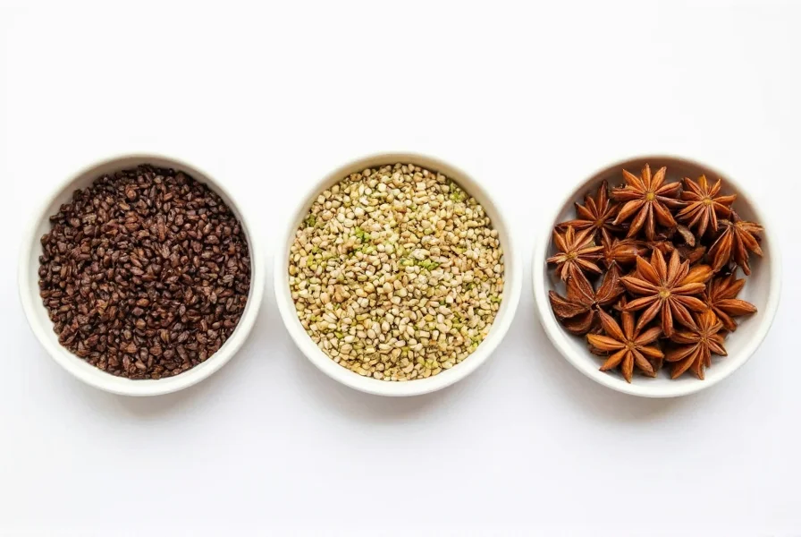 Comparison of anise seeds, fennel seeds, and star anise in separate bowls
