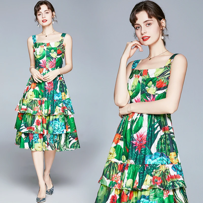 

Spot 2021 new products women retro cactus print sling cake print casual dress, Picture color