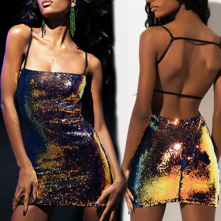 

2021 women gold sequins sexy club dress nightclub sexy halter sheath skirt dress club dresses