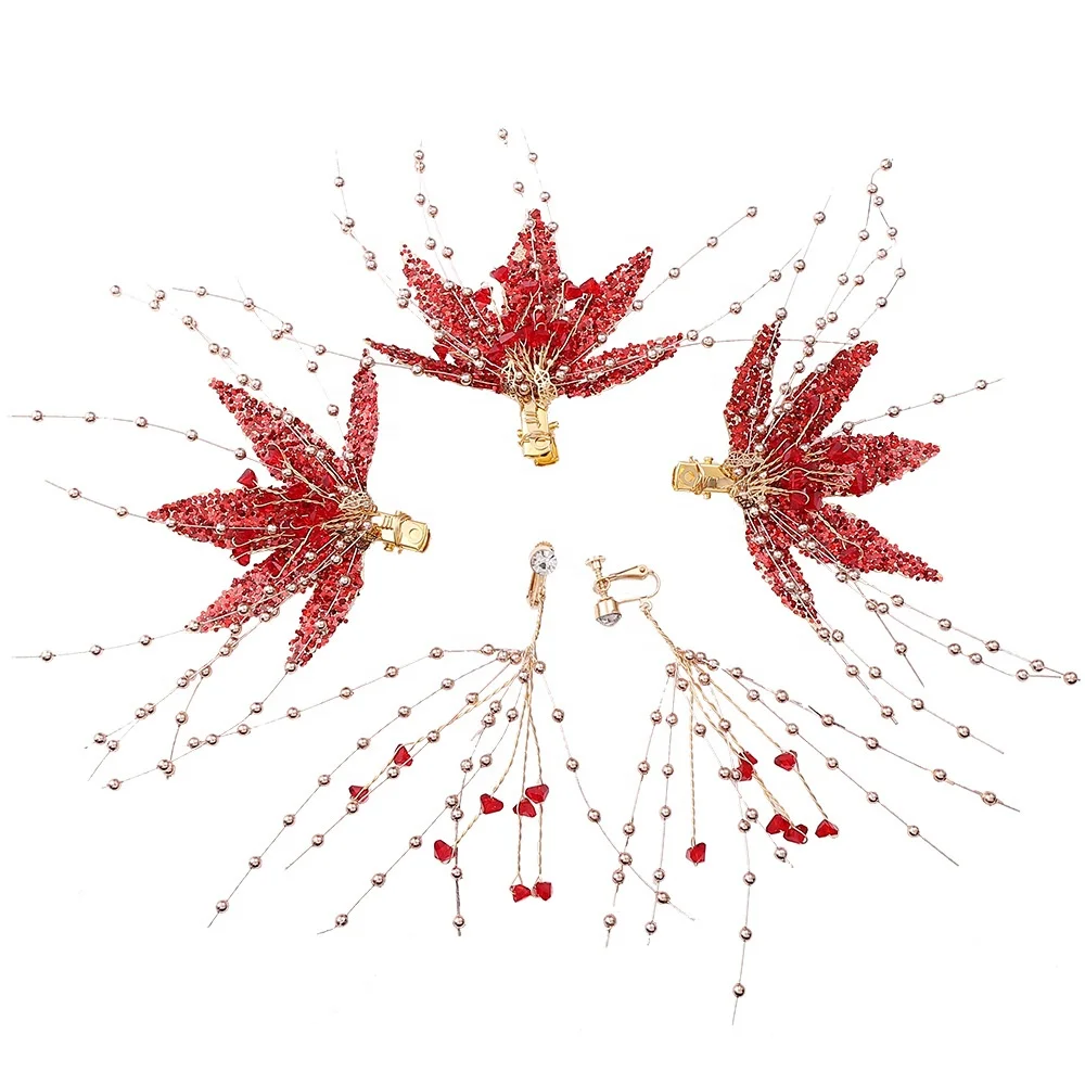 

Newly Designed Peri Red Color Sequin and Maple Leaf Shape Wedding Bride Earring and Veil Set for Bride Decoration, Multiple