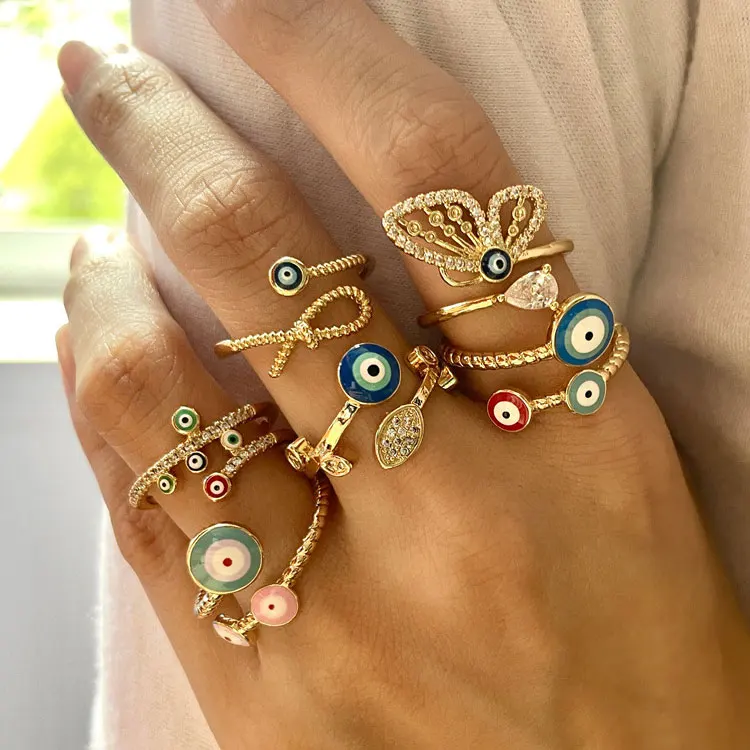 

SC Personalized Hip Hop Gold Plated Adjustable Finger Rings Fashion Stackable Colorful Drip Oil Evil S Eye Rings for Women