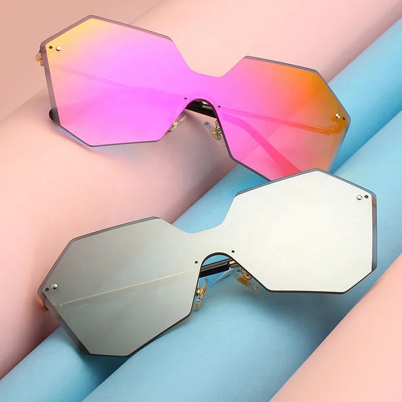 

2021 fashion designer polygon rimless ladies sun shdes glasses oversized mirror ocean lens women sunglasses gafas de sol