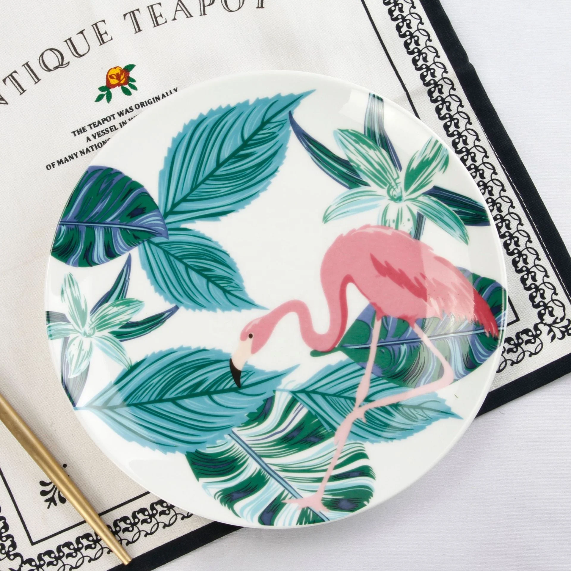 

Wholesale household ceramic dish large tropical pattern dinner plate dish bone china 8 inch round plate, As shown