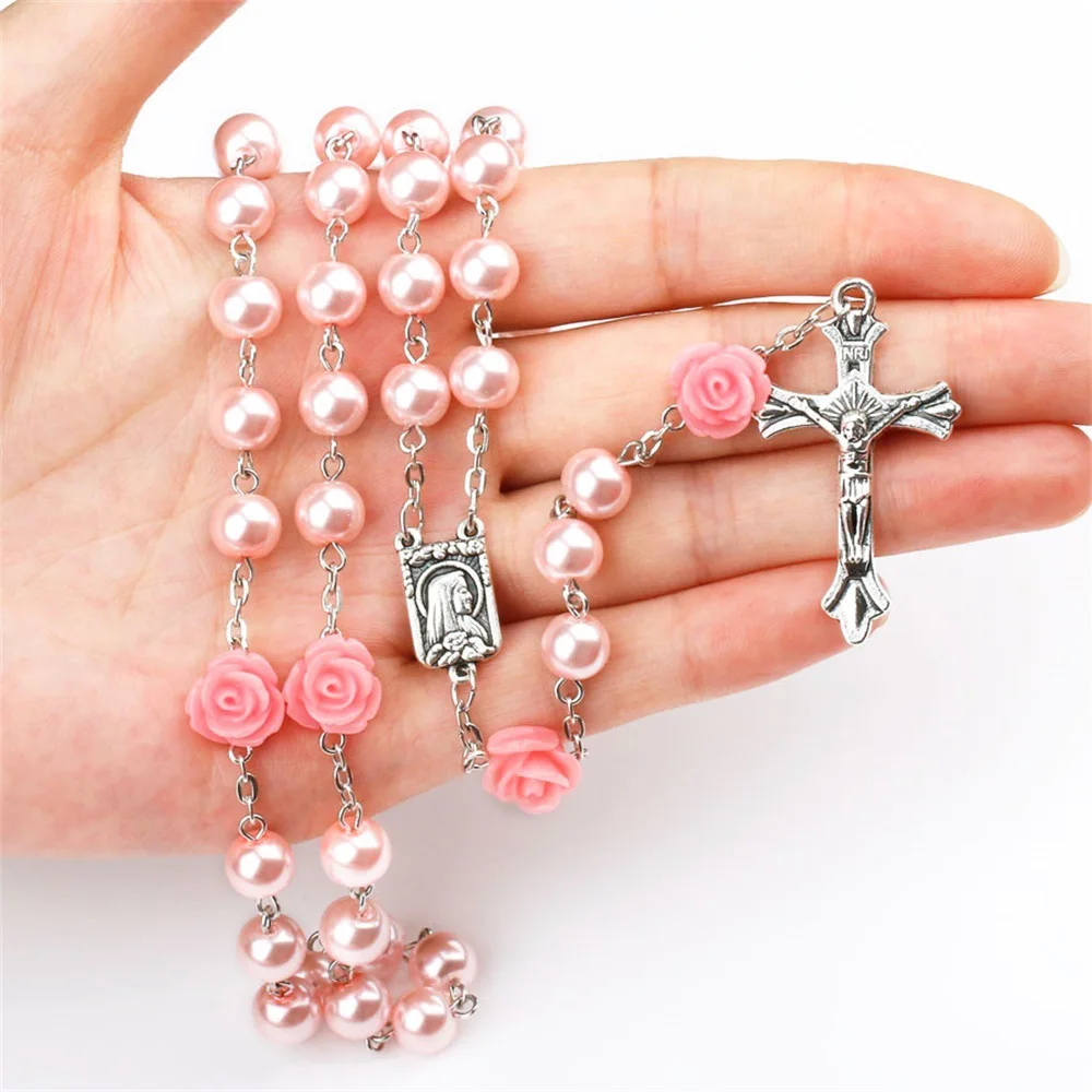 

Glass Imitation Pearl Bead Holy Catholic Rosaries Necklace With Silver Cross Lourdes Center Rosary, Multiple color selection