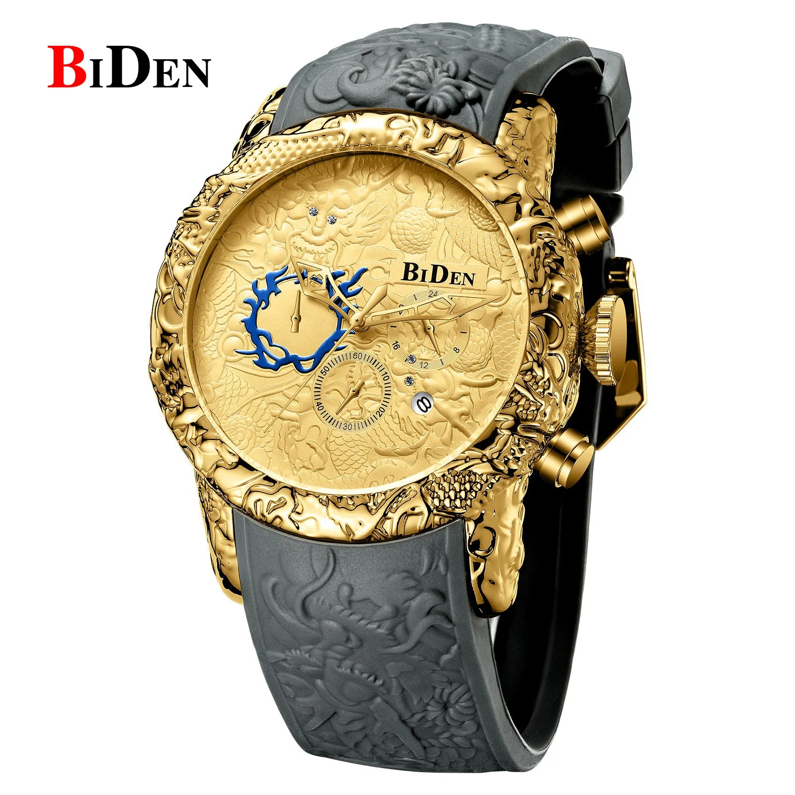 

Gold quartz watch for men  big face dragon embossment silicone band wrist watches